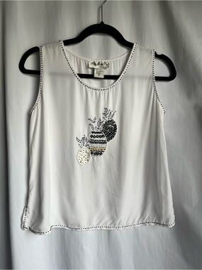 Pineapple beaded Embellished White Sleeveless tank Rayon small Y2K 90’s